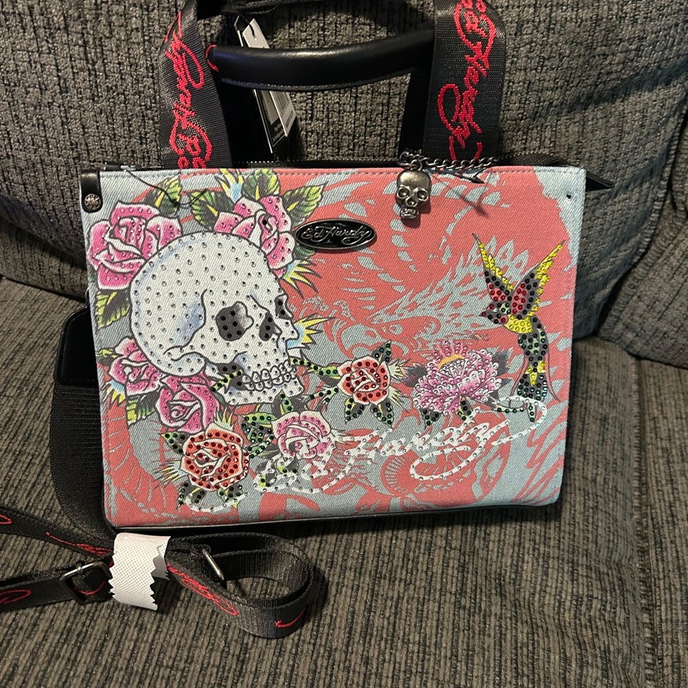 Ed Hardy denim Skull and Roses Crossbody Tote Bag new with tag